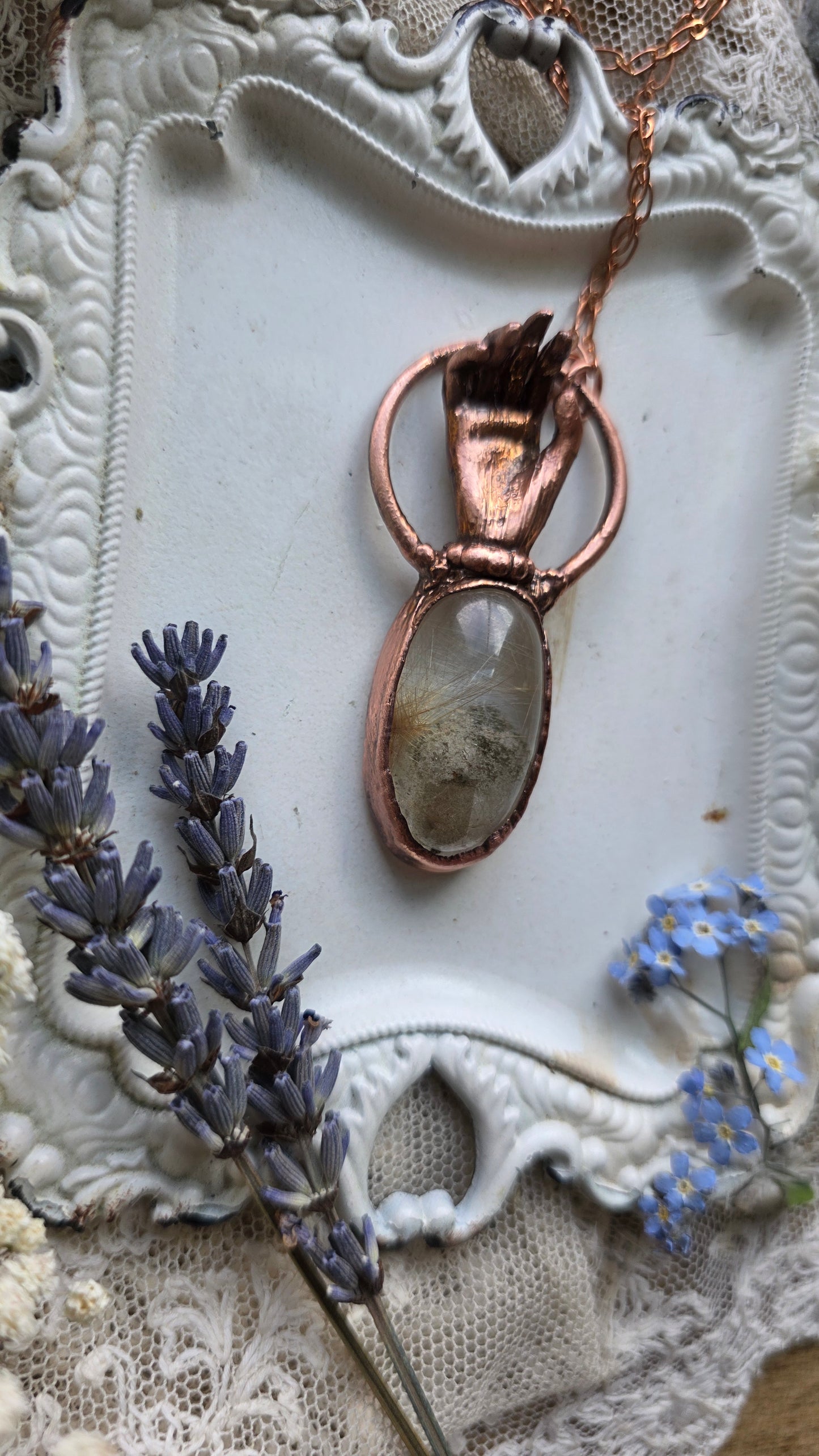 The High Priestess: Lodolite Rutile Phantom Copper Hand Necklace