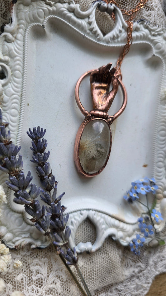 The High Priestess: Lodolite Rutile Phantom Copper Hand Necklace