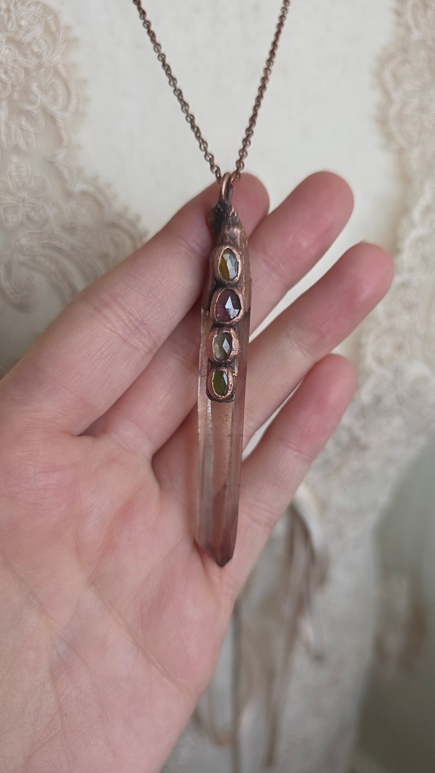 Singing Smokey Quartz Point with Tourmaline Copper Pendant