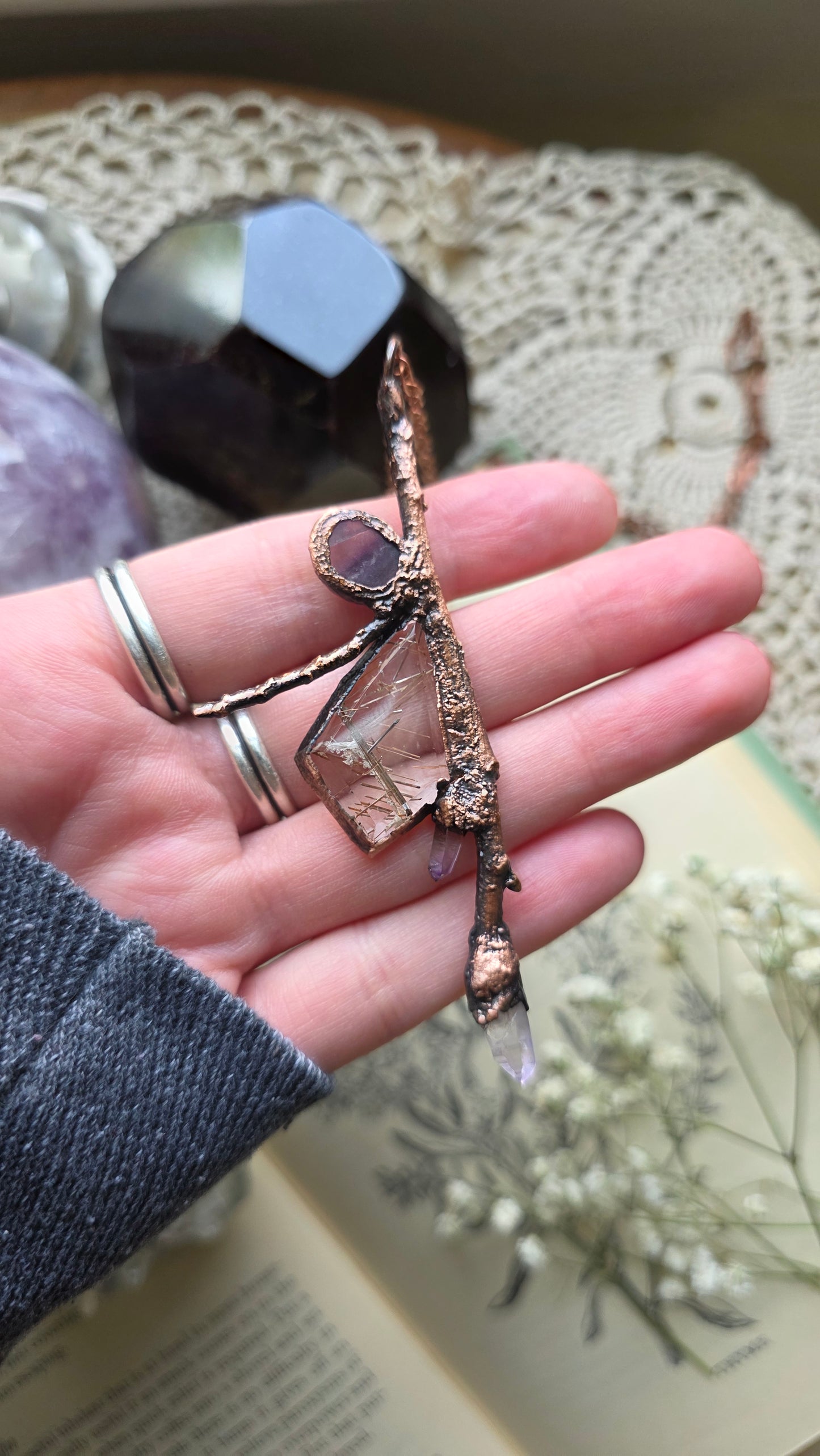 Rooted: Rutilated Quartz, Vera Cruz, and Fluorite Twig Copper Necklace