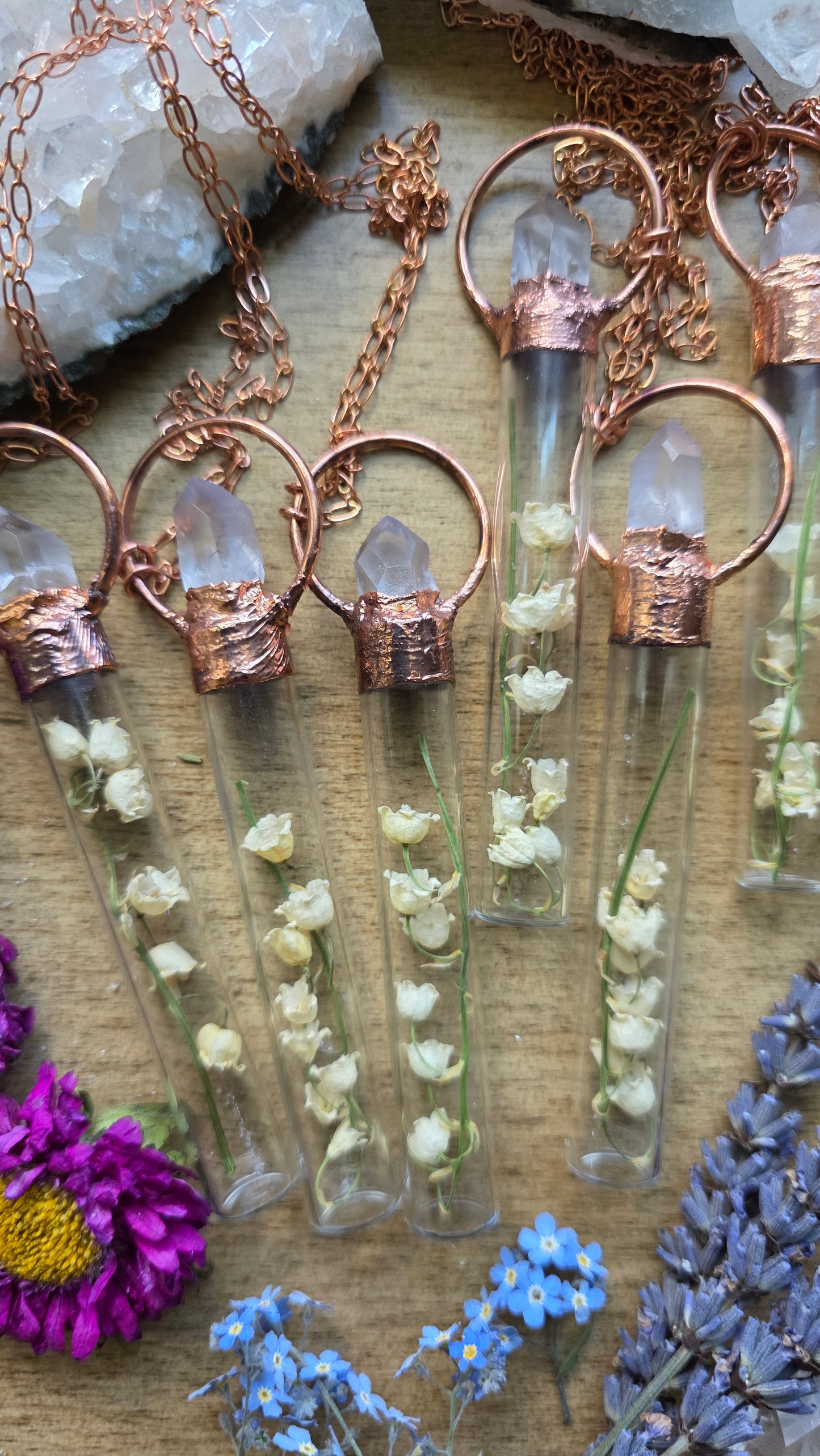 Lily of the Valley Copper Vial Necklace with Quartz