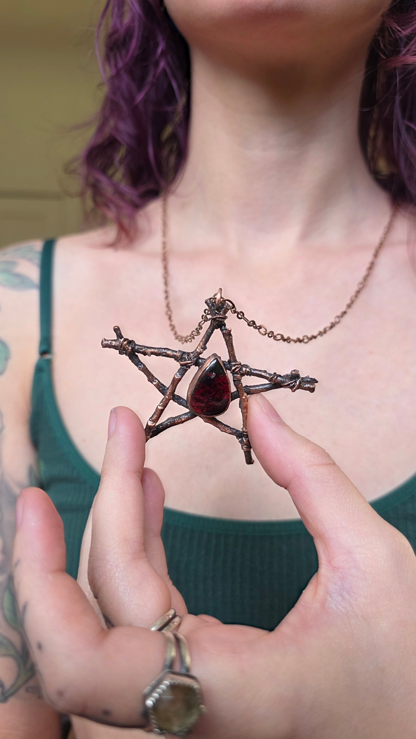 Rooted: Copper Twig and Garnet Pentacle Necklace