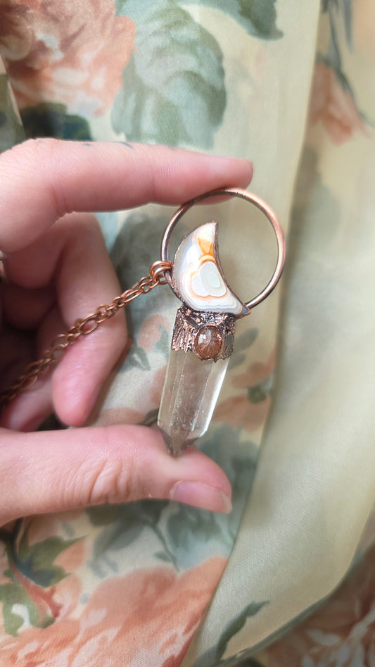 Quartz with Sunstone and Crazy Lace Agate Moon Copper Pendant