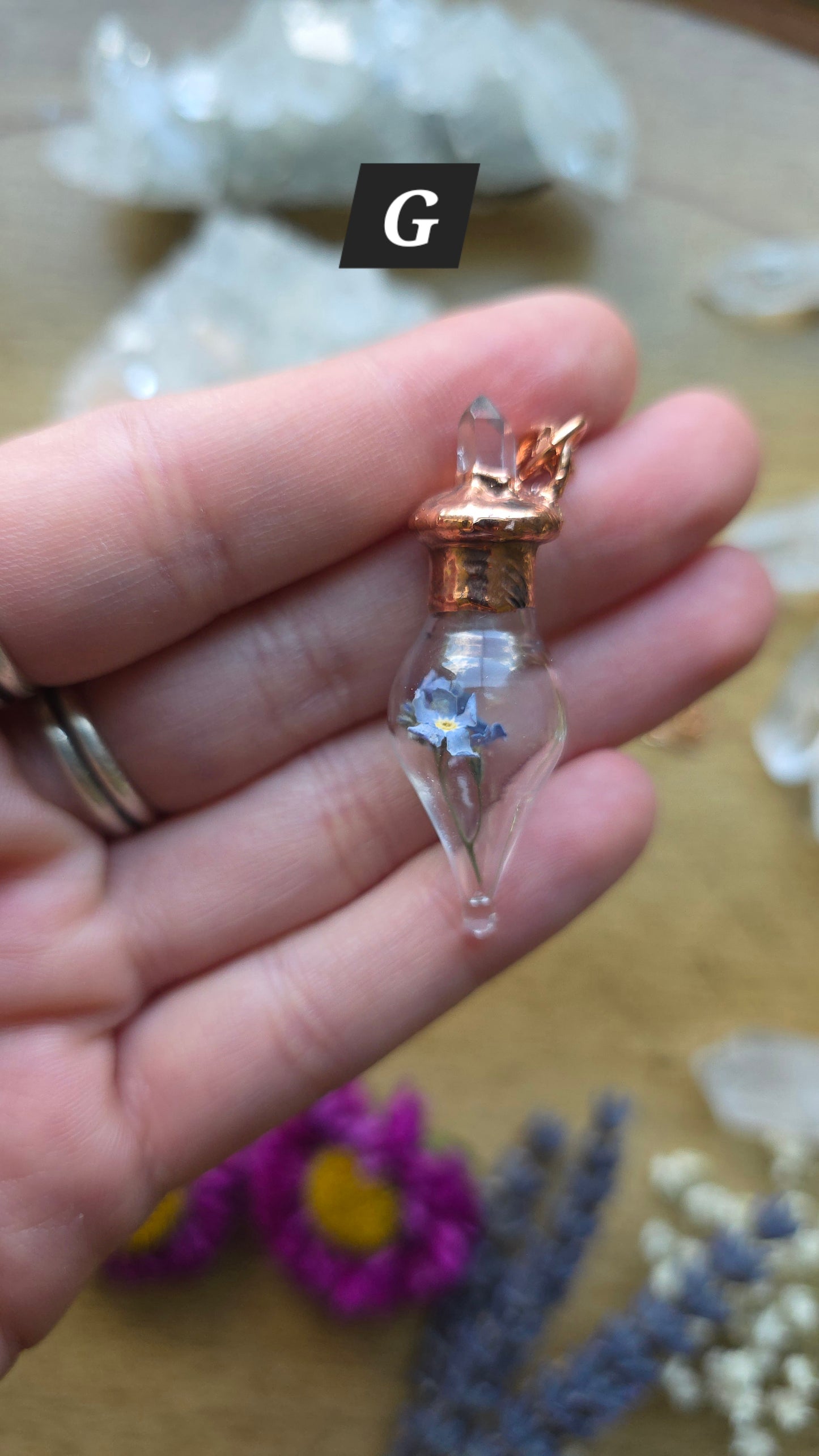 Forget-me-not copper glass vial pendant with quartz
