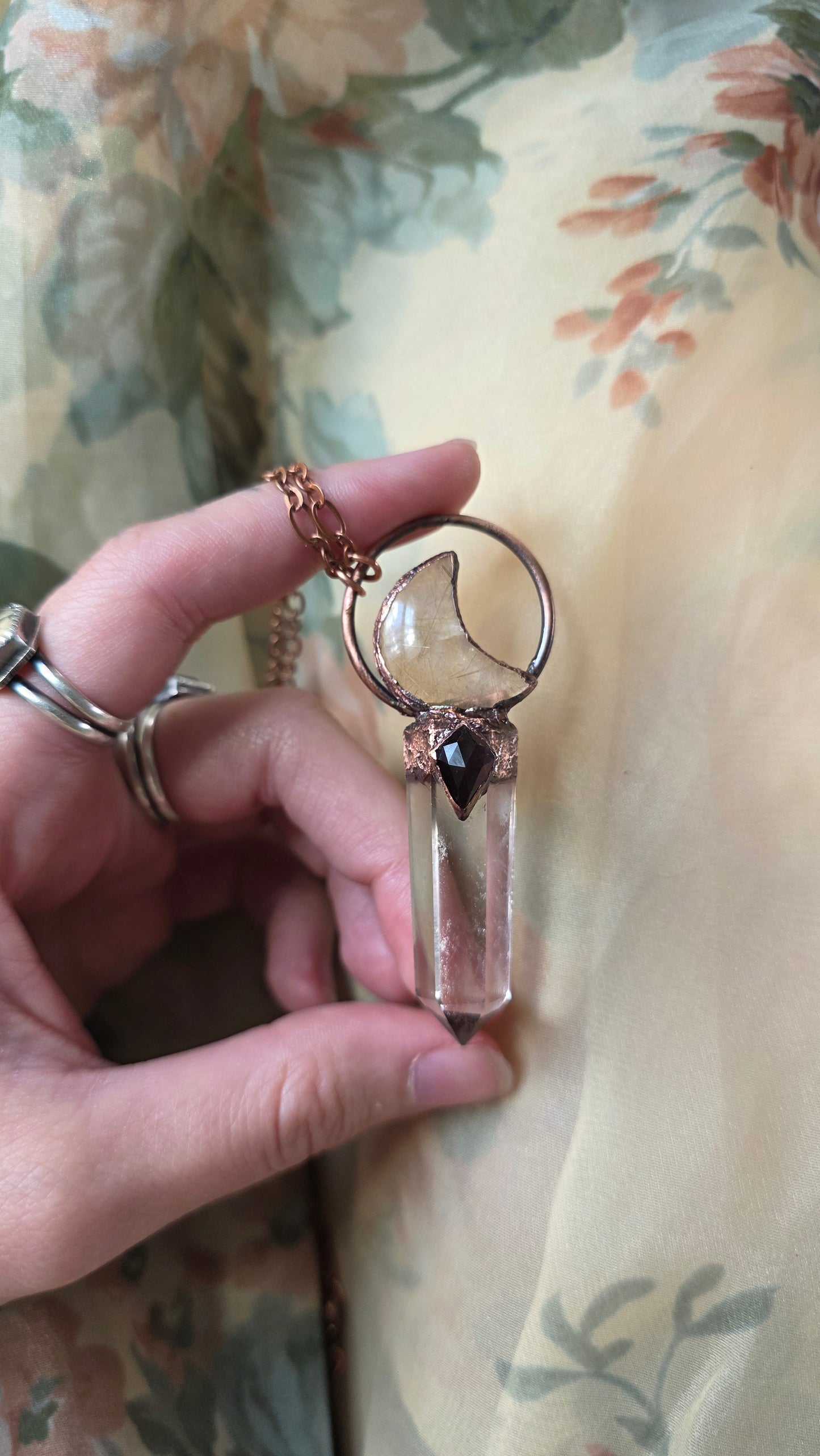 Smokey Quartz with Garnet and Rutilated Quartz Moon Copper Pendant