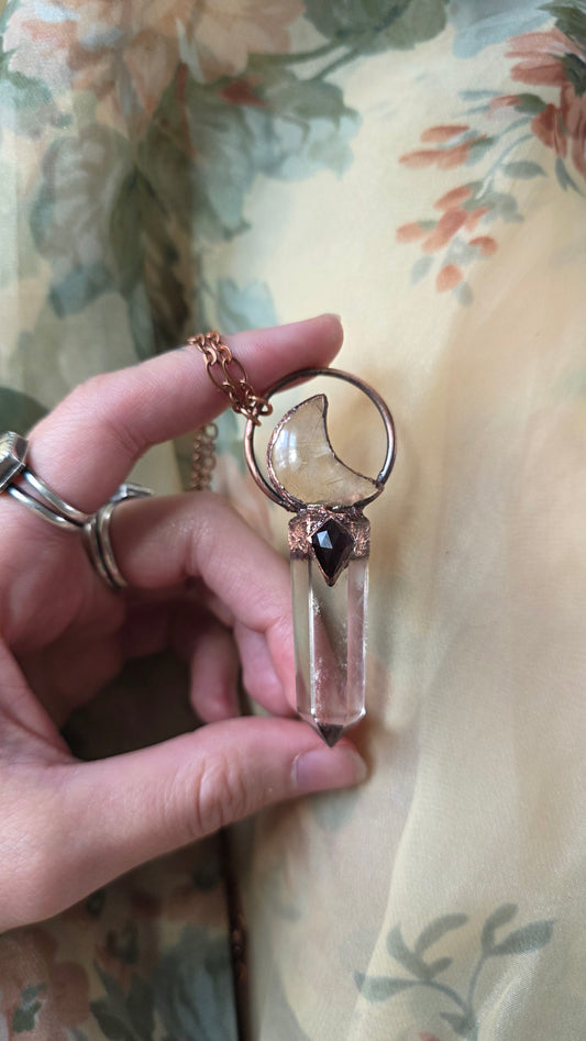 Smokey Quartz with Garnet and Rutilated Quartz Moon Copper Pendant