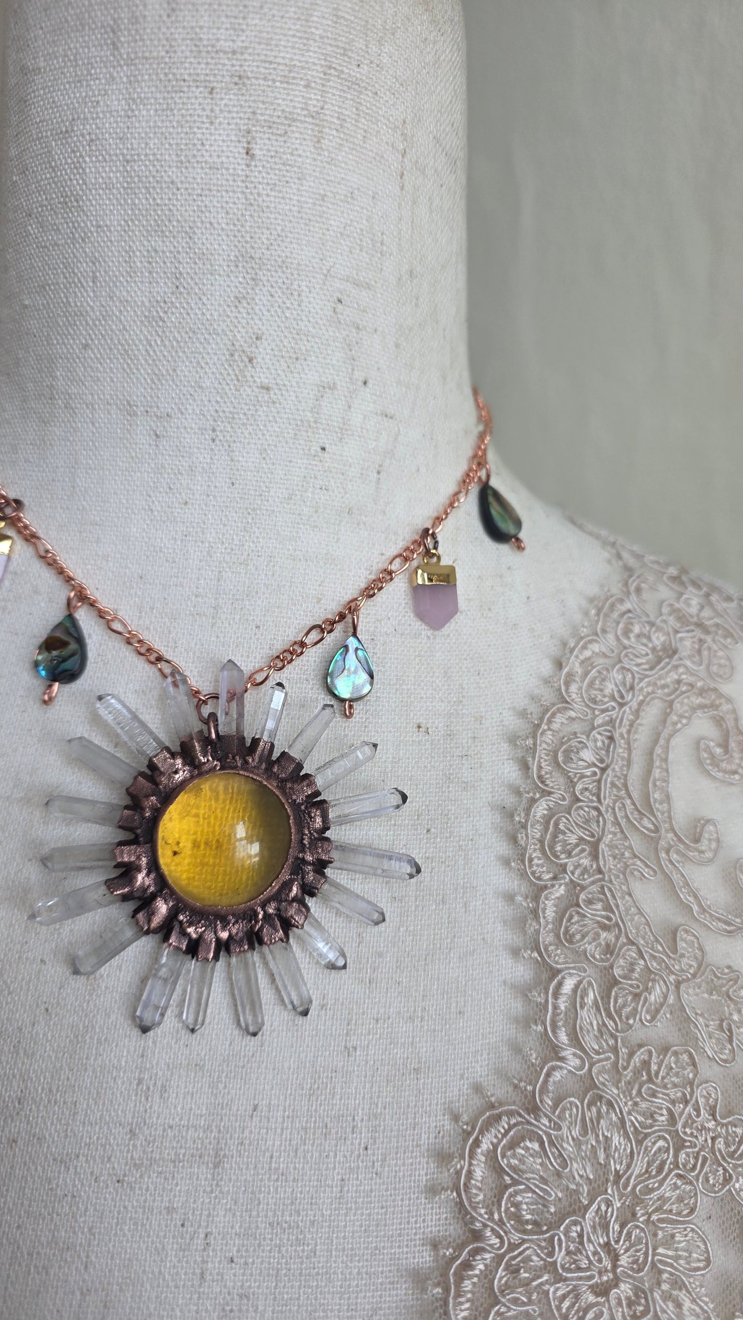Solara: Amber Sun Copper Choker with Abalone and Rose Quartz