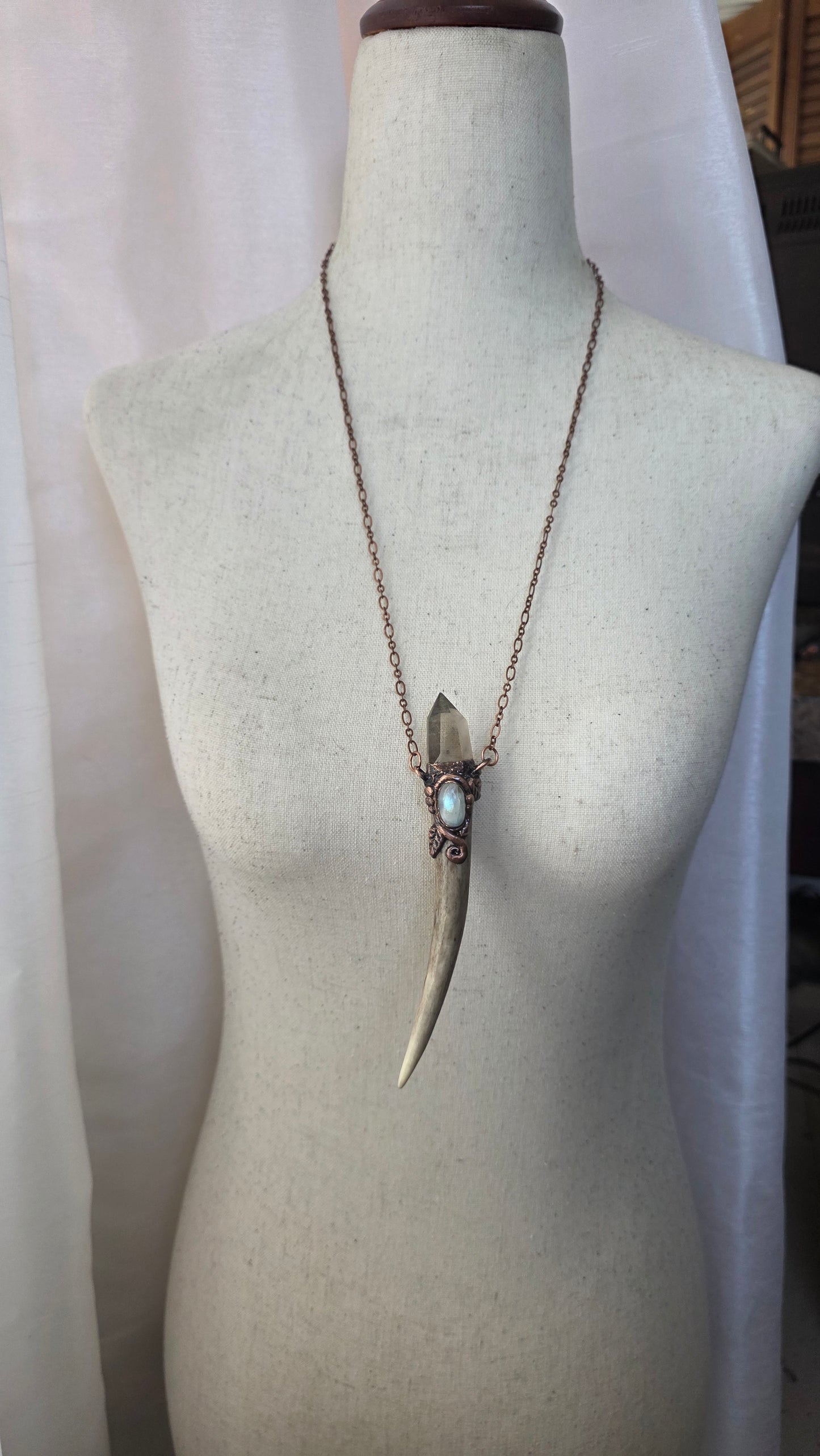 Valor: Natural Antler Shed Tip with Moonstone and Rutilated Quartz