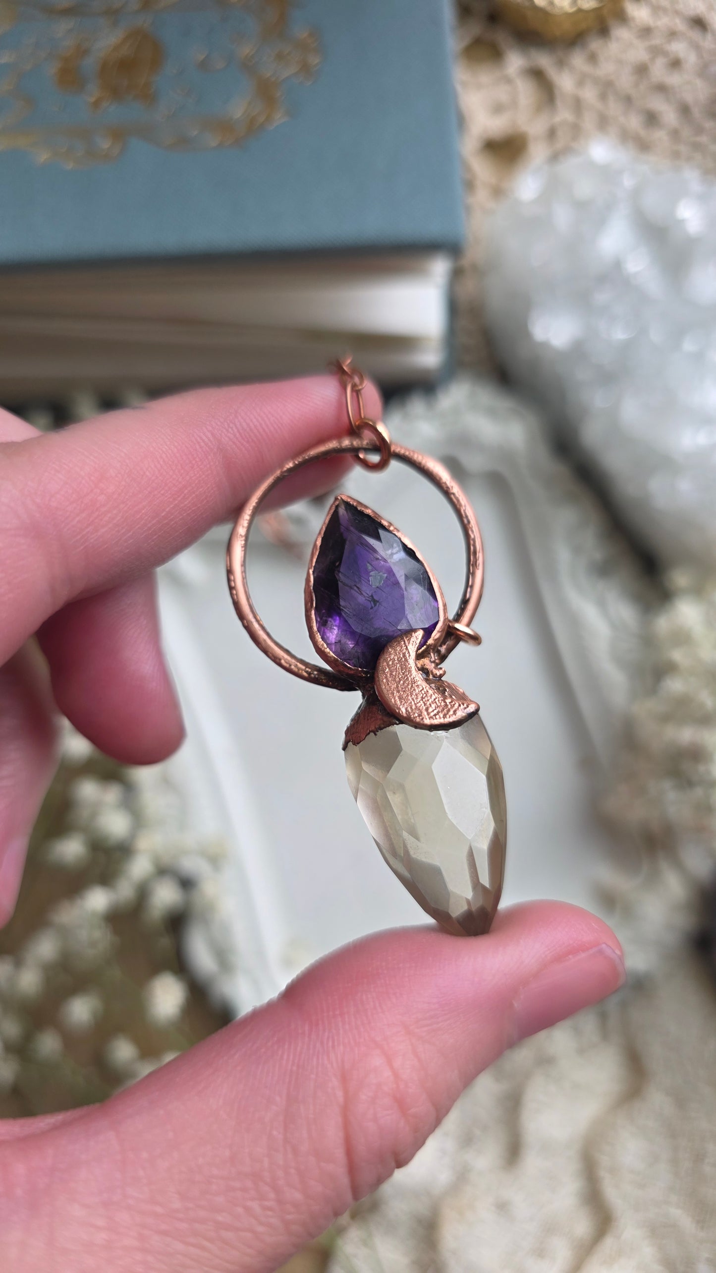 Citrine with Smokey Amethyst Copper Pendulum Necklace