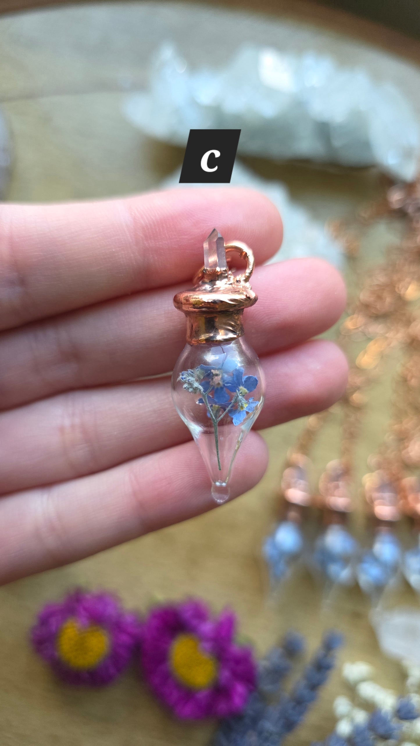 Forget-me-not copper glass vial pendant with quartz
