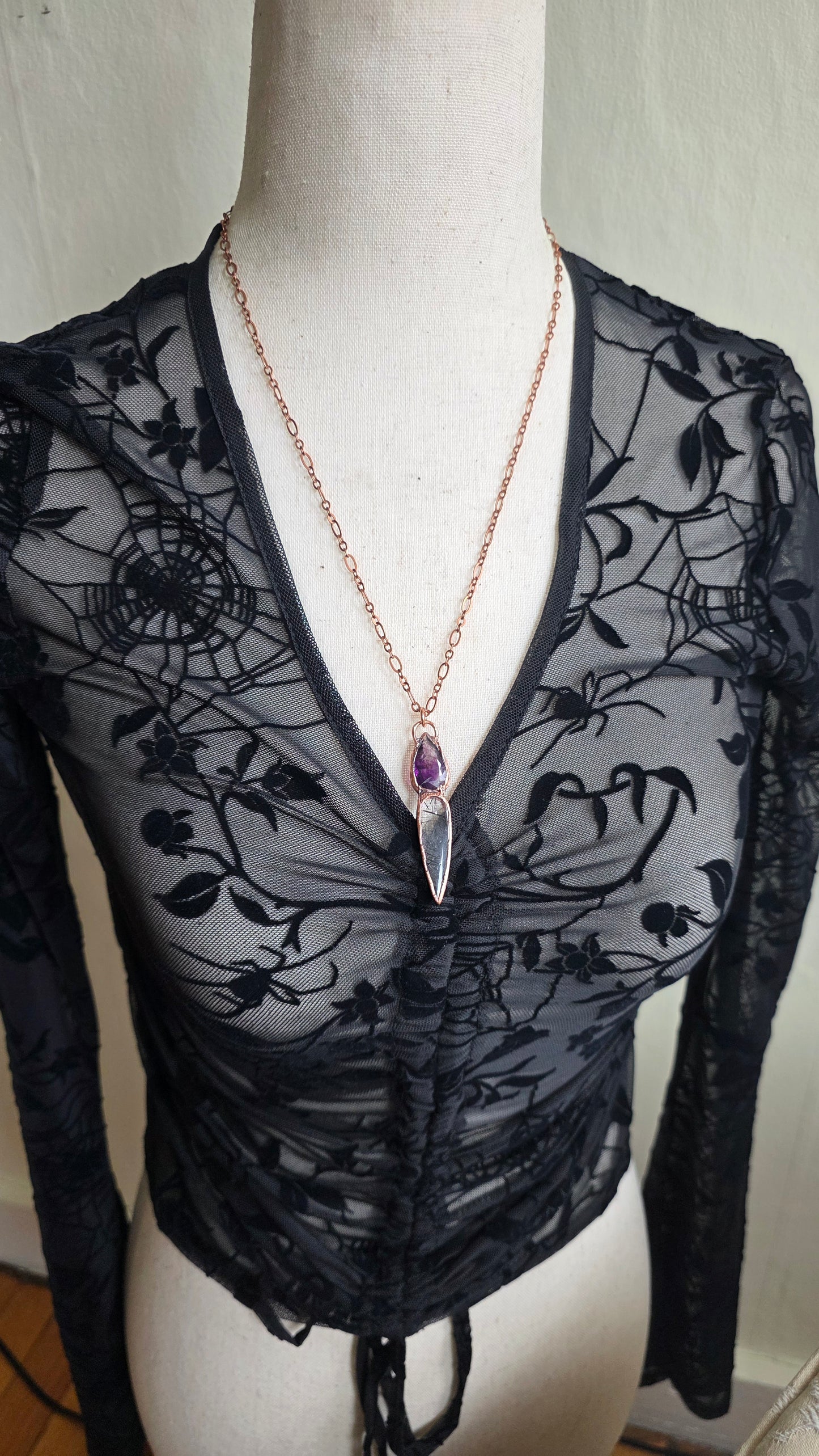 Smokey Amethyst with Tourmalinated Quartz Copper Pendant