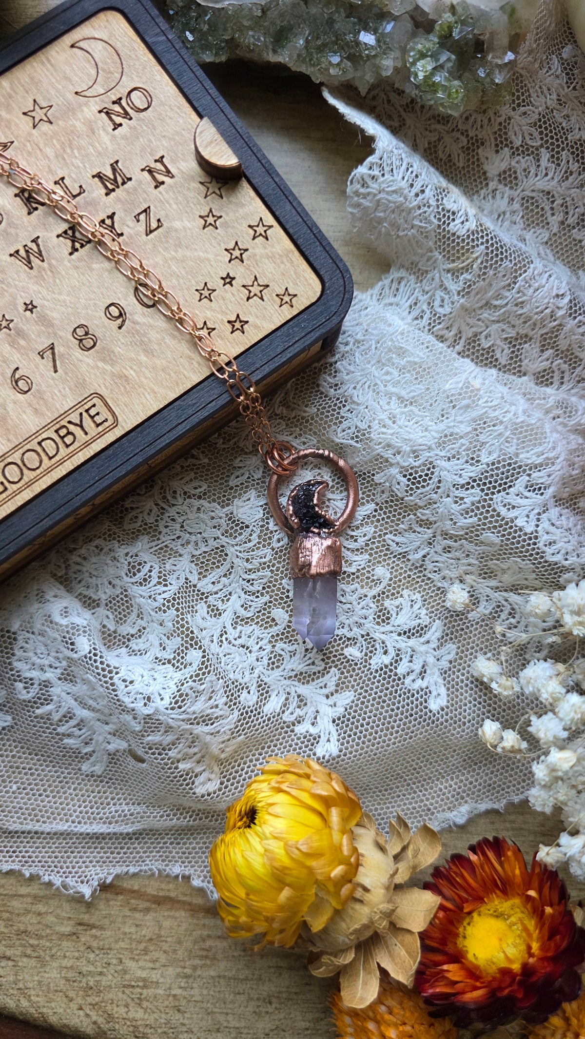 jdrewsilvers and xtwii collaboration: Quartz and Black Knight Aura Moon Copper Necklace