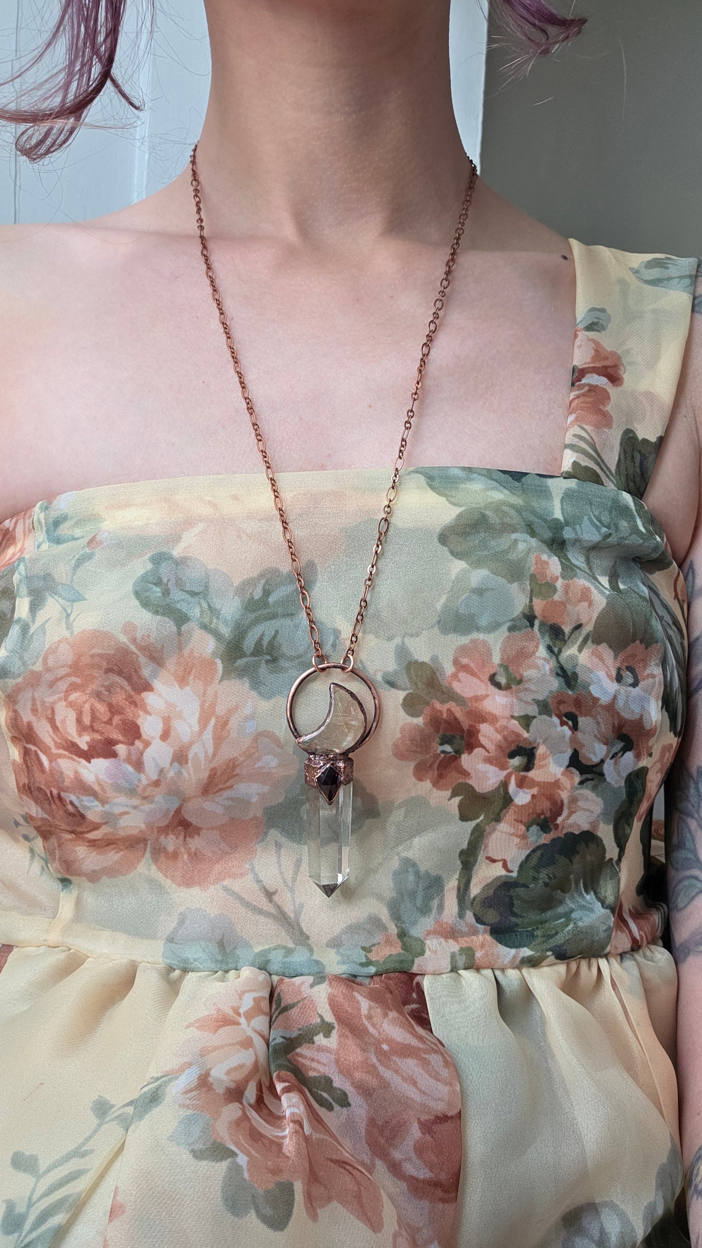 Smokey Quartz with Garnet and Rutilated Quartz Moon Copper Pendant