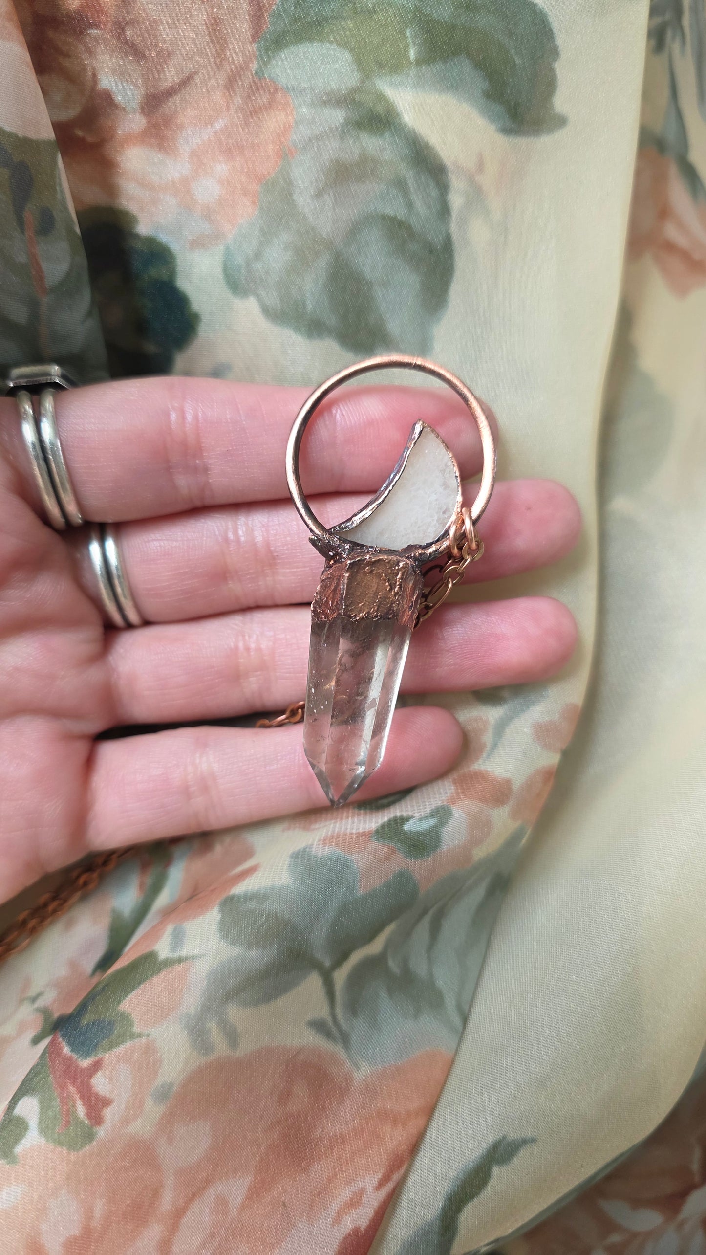 Quartz with Sunstone and Crazy Lace Agate Moon Copper Pendant