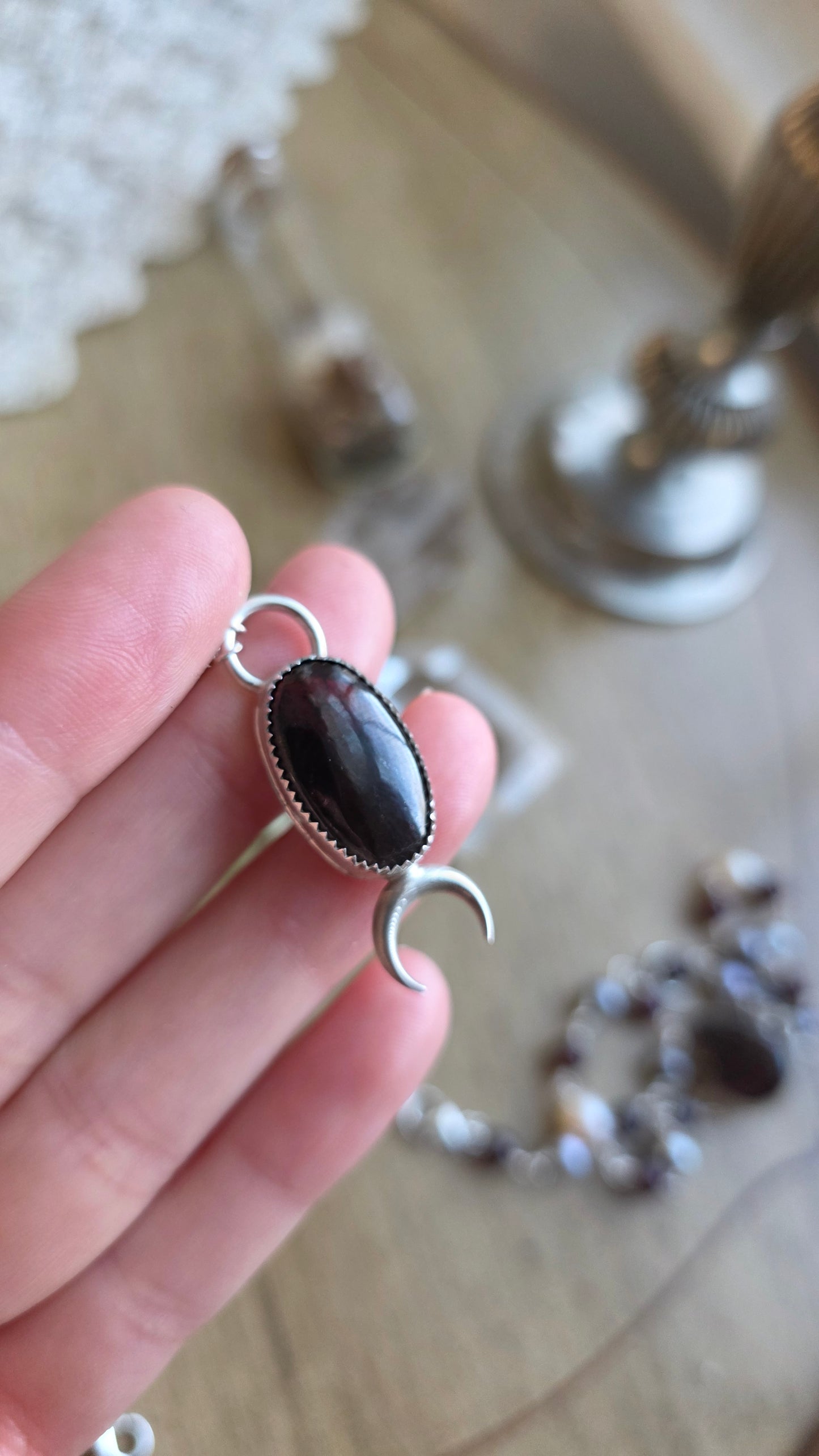 Sterling Silver Garnet, Pearl, and Obsidian Necklave