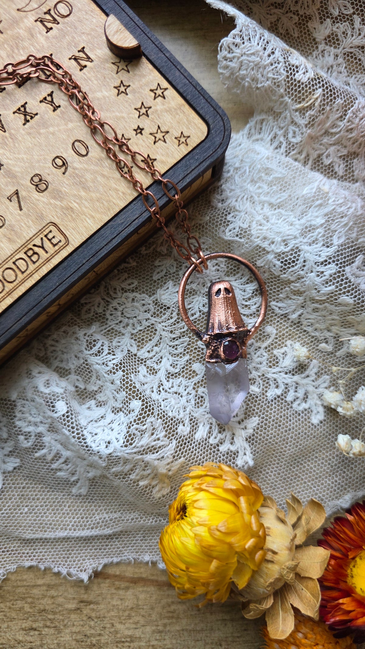 jdrewsilvers and xtwii collaboration: Quartz and Pink Tourmaline Copper Sheet Ghost Necklace