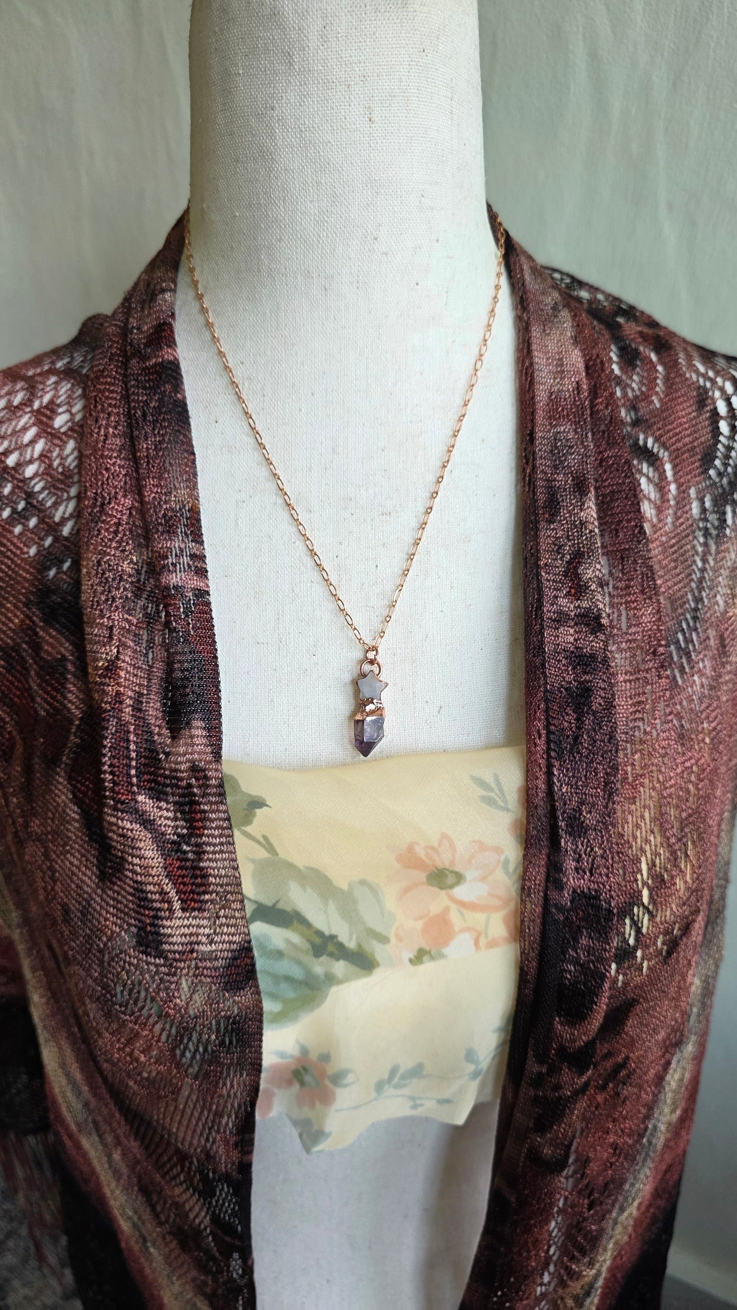 The High Priestess: Smokey Amethyst with Moonstone Star Copper Necklace