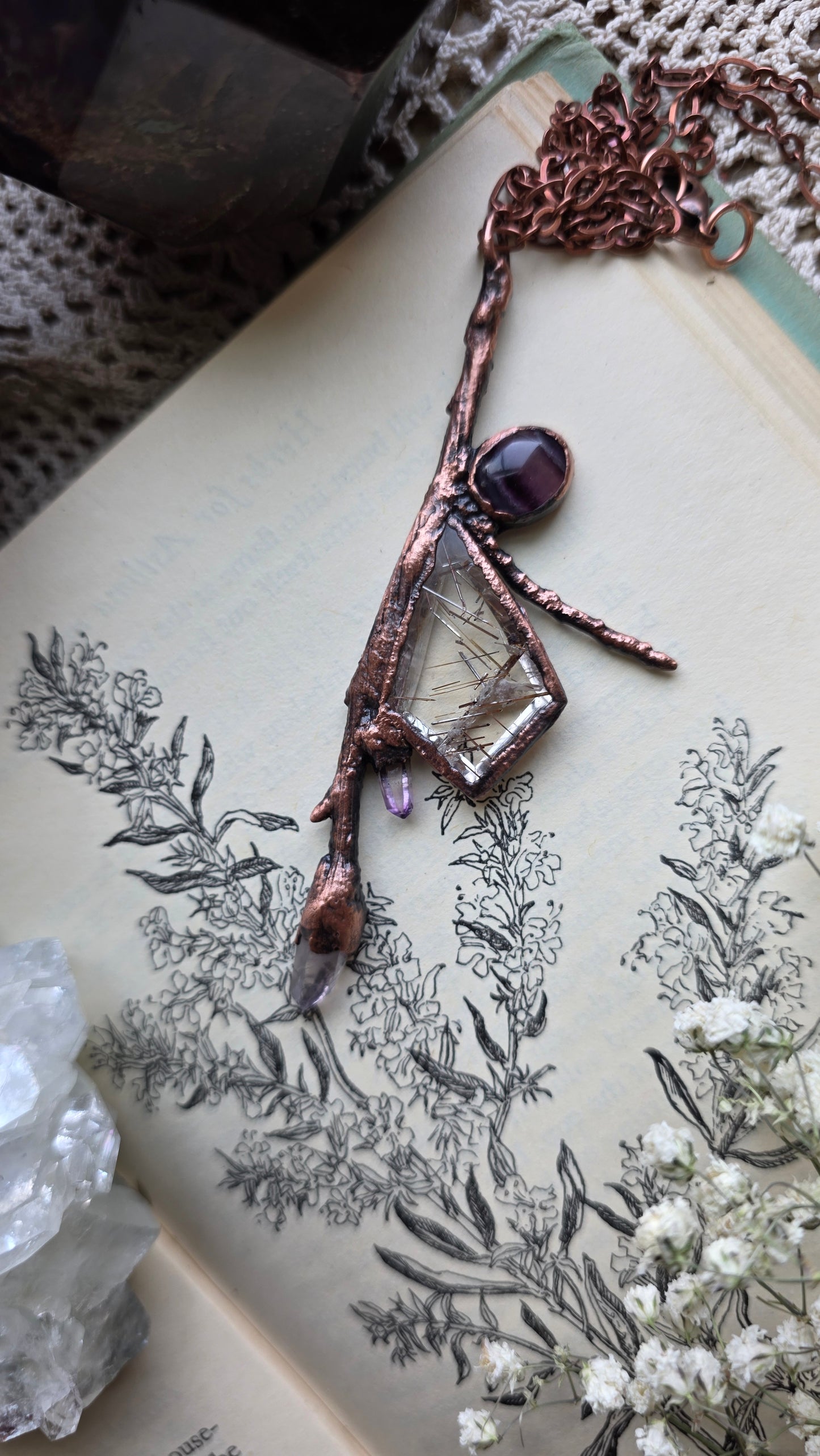 Rooted: Rutilated Quartz, Vera Cruz, and Fluorite Twig Copper Necklace