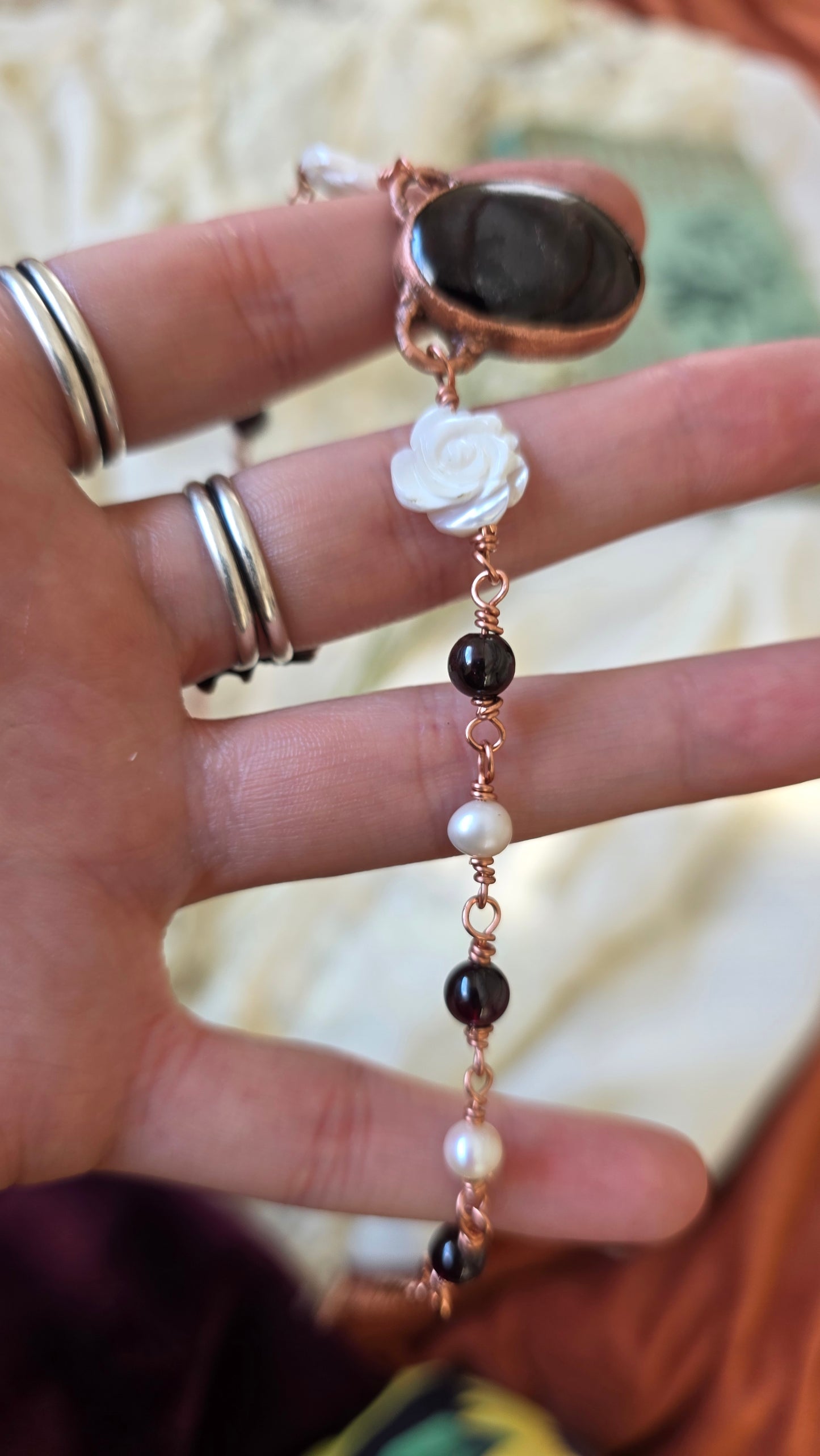 Garnet Copper Choker with Mother of Pearl and Pearl