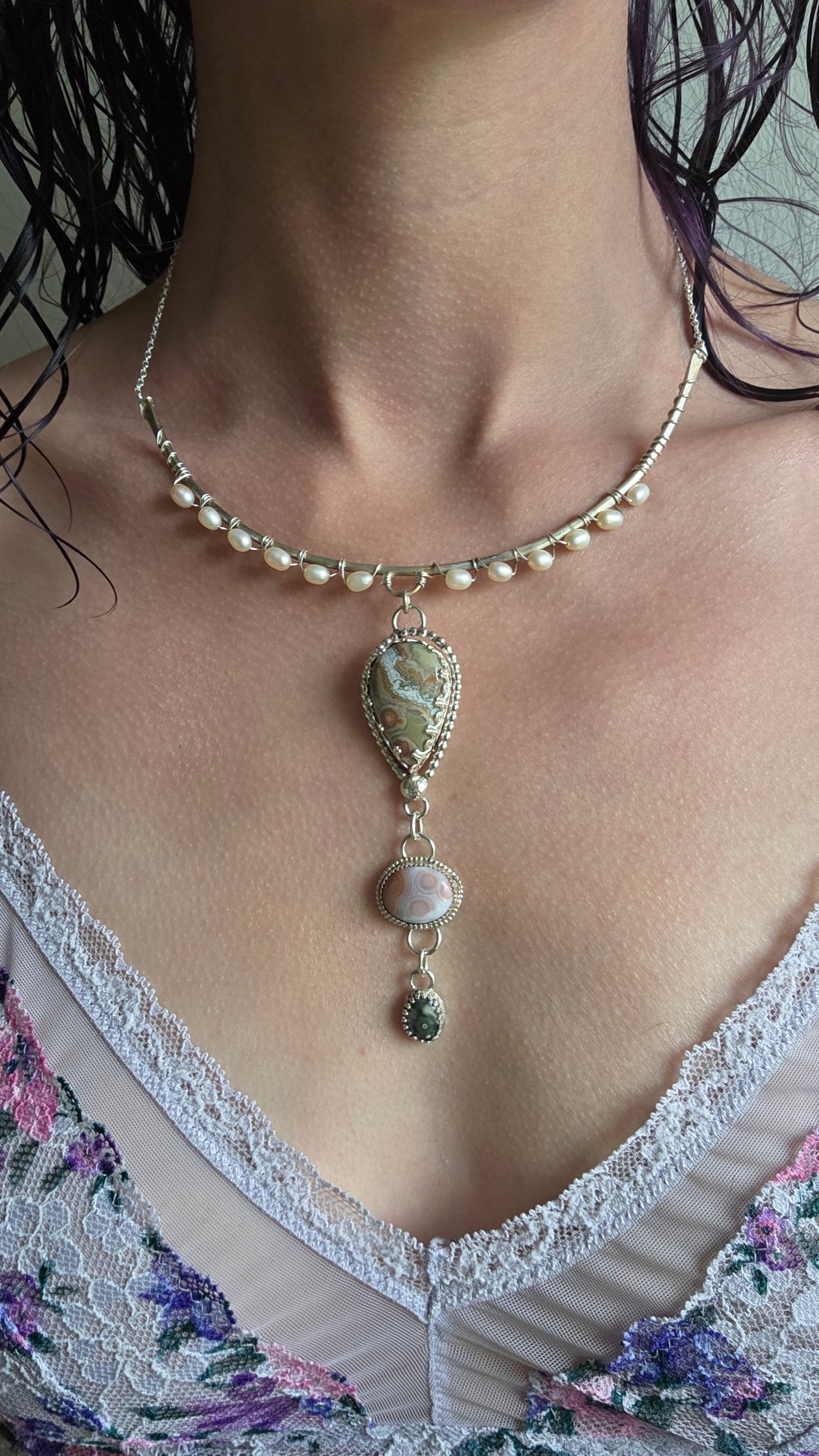 Ocean Jasper and Pearl Sterling Silver Statement Necklace